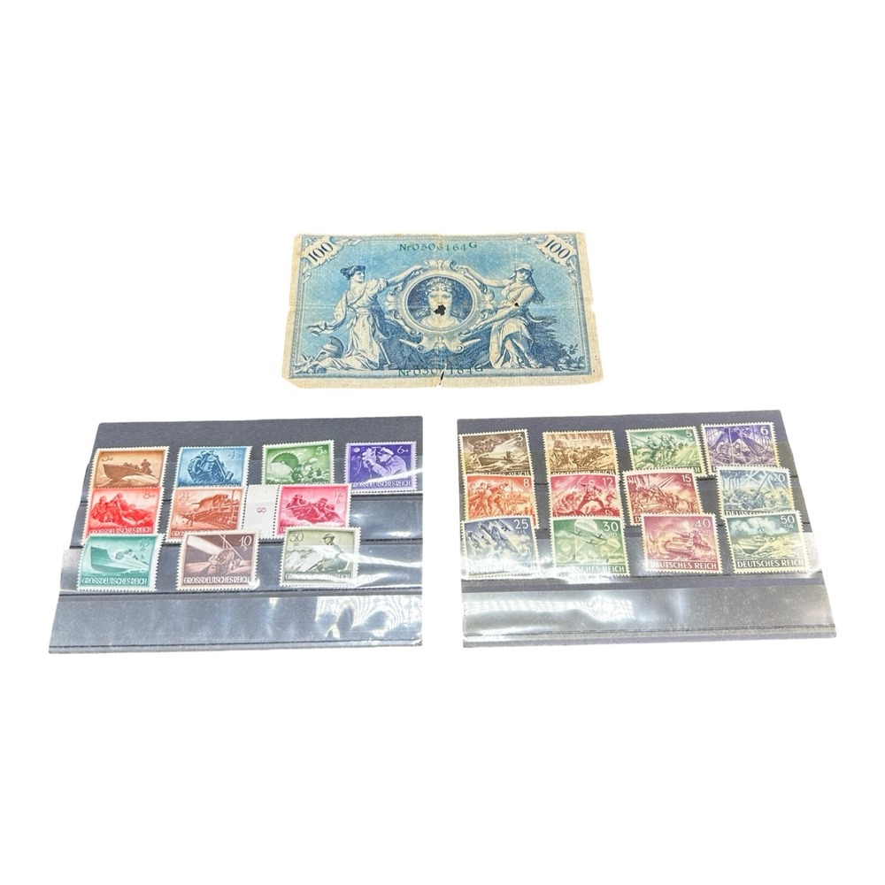 Vintage German 100 Mark Banknote & Grossdeutsches Reich Military Stamp Set